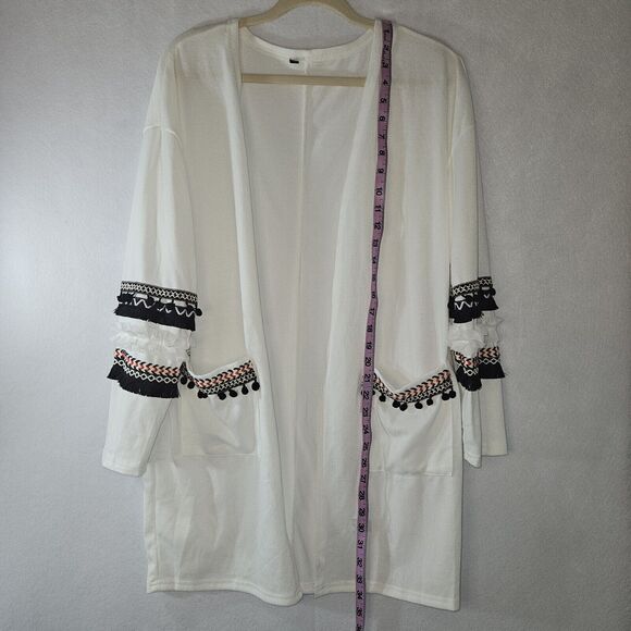 Sweater Cardigan Fringe Western Trim Sz M Boho Pockets Ethnic Batik - Picture 2 of 7